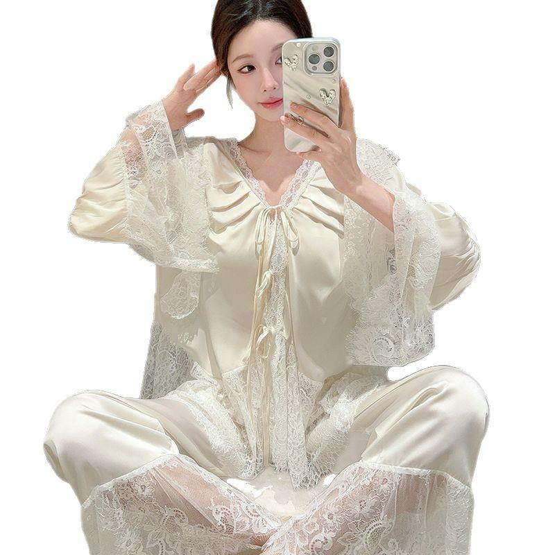 New ice silk pajamas women's spring and summer high-end French court style lace splicing set, thin long-sleeved loungewear