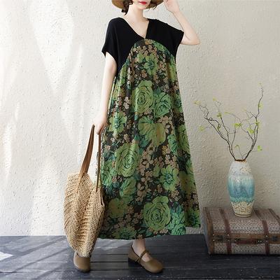 DIMANAF New 2025 Plus Size Summer Dress Women V-Neck Vintage Flower Printing Casual Loose Dress Maxi