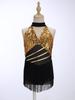 Mädchen Cha-cha Salsa Performance-Leotard: Ärmelloses Neckholder-Kleid mit Pailletten und Fransen, Netz-Taille, Schlüsselloch, Metallic-Rücken für Bühnenkostüm