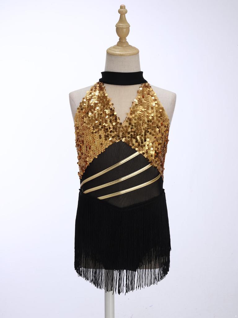 Mädchen Cha-cha Salsa Performance-Leotard: Ärmelloses Neckholder-Kleid mit Pailletten und Fransen, Netz-Taille, Schlüsselloch, Metallic-Rücken für Bühnenkostüm