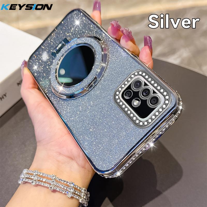 KEYSION Luxury Glitter Jewelled Magnetic Phone Case for Samsung Galaxy A51 4G Makeup Mirror Ring Stand Shockproof Back Cover