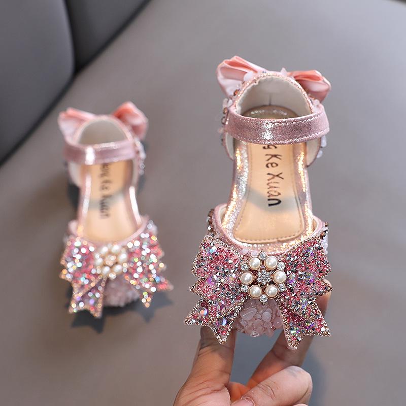 2025 Spring/Summer Girls' Rhinestone Bow Soft Sole Korean Style Leather Sandals