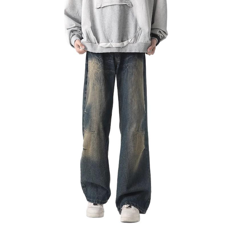 American retro jeans men's loose straight pants high street trendy brand versatile washed old wide-leg casual trousers