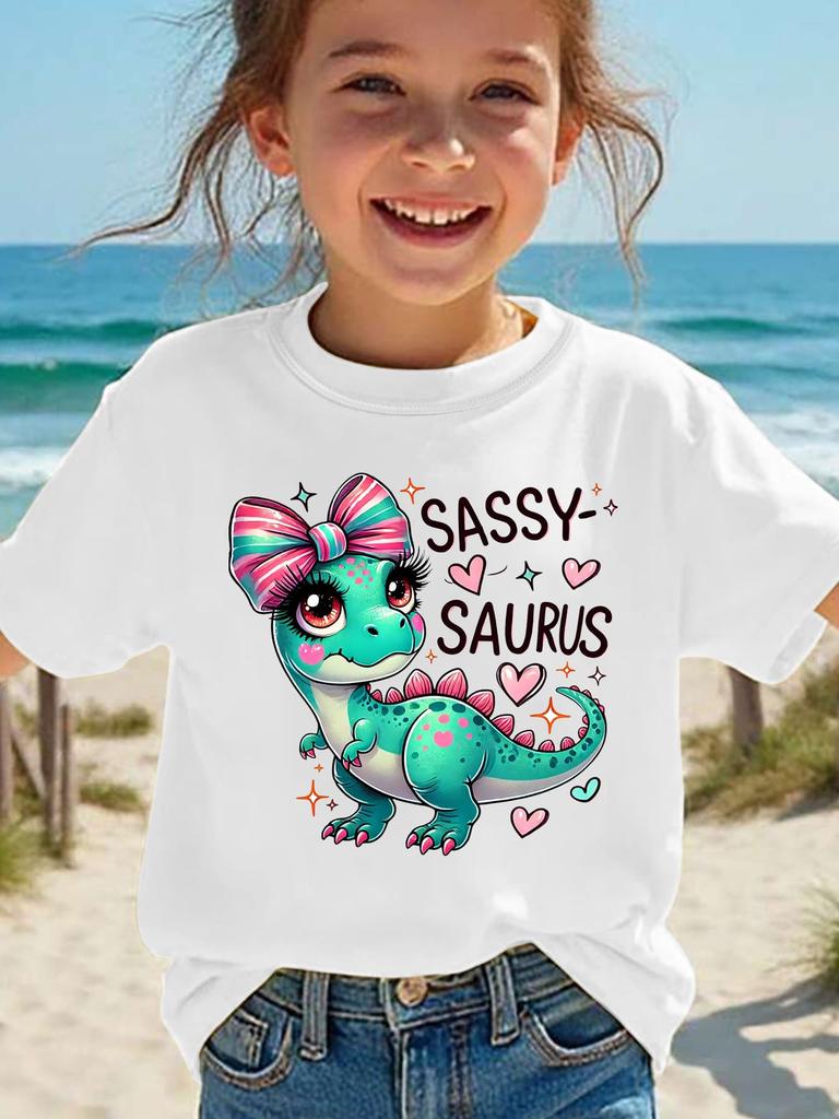Europäische Größen Mädchen SASSY SAURUS Dinosaurier Grafik T-Shirt Niedliche Rosa Schleife Herz Muster Weicher Strick Sommer Oberteil mit Sassy Saurus Schriftzug
