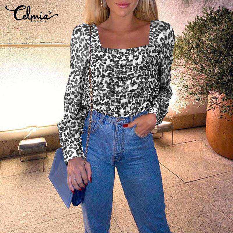 

Celmia Leopard Print Женская летняя тонкая повседневная свободная рубашка