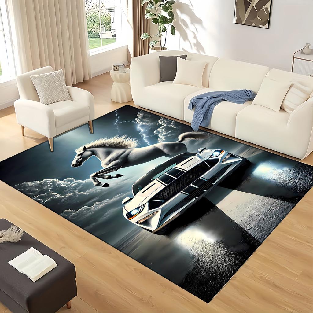 3D Mustang Racing Car Sign GTR Area Rug,Carpet Rug for Living Room Bedroom Sofa Doormat Decoration, Kids Play Non-slip Floor Mat