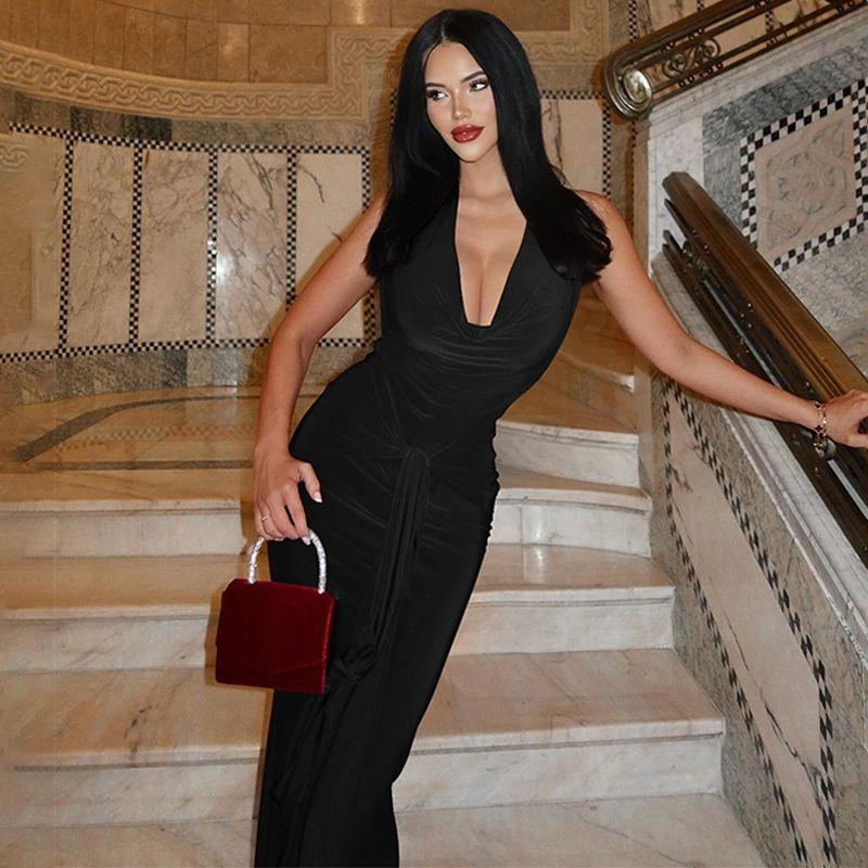 

Shemoda Fashion Style Sexy Swing Collar Backless Halter Dress Women s Lace-up Waist-Controlled Silm Fishtail Long Skirt Black M