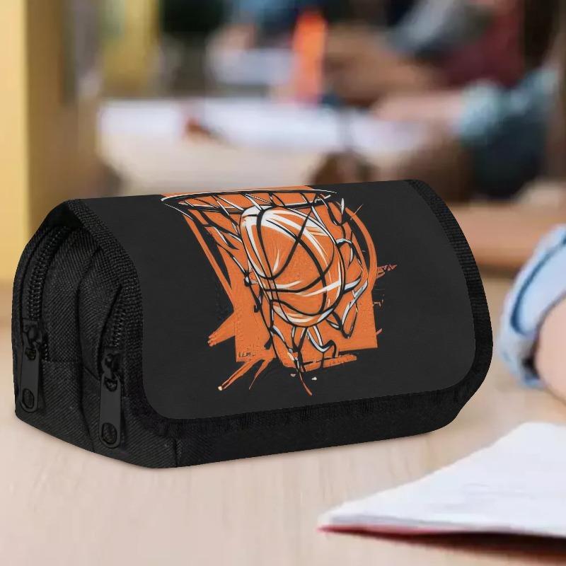 1pc Double Layer Flip Pencil Case - Dunk Basketball Print, Large Capacity, Portable Polyester Pen Storage Bag with Zipper Closure, Ideal for School &
