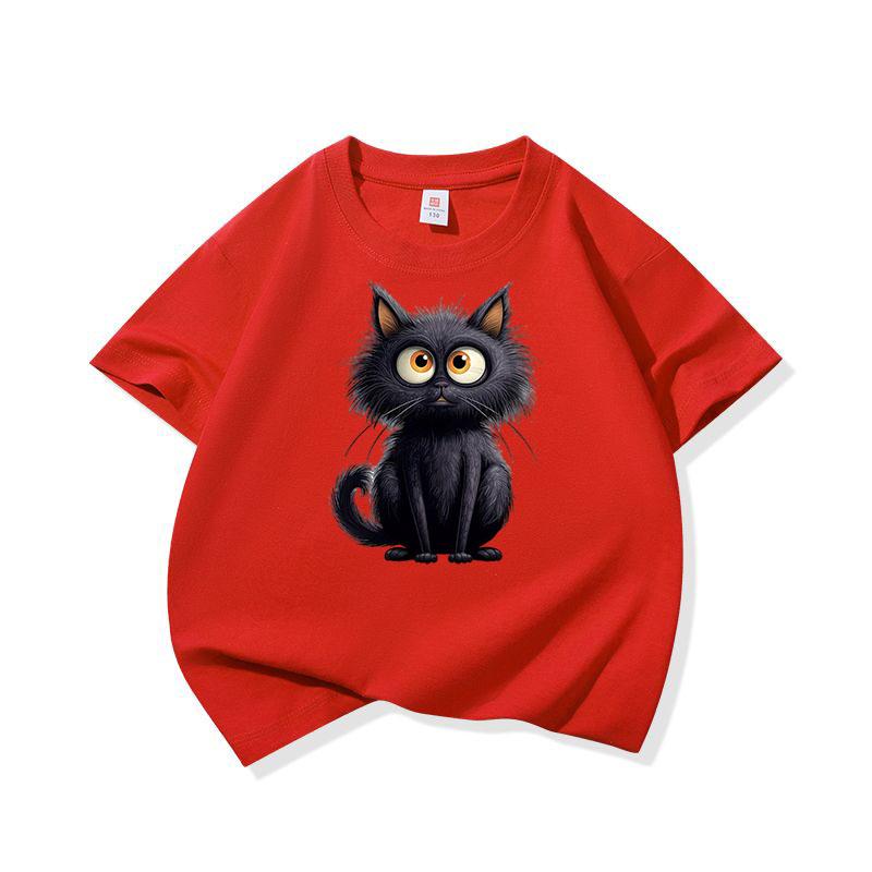 Cute Black Cat Graphic Tee Kids 100 Cotton Crew Neck Casual Breathable T Shirt Short Sleeve Muticolor Tops For Sweet Girls Boys