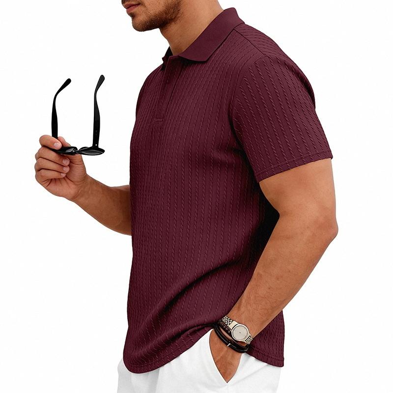 Mens Summer Textured Short Sleeve Polo Shirt Business Casual Solid Lapel Top