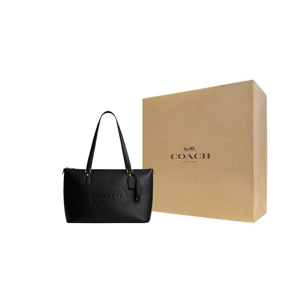 Coach Gallery 37 Solid Color Embossed Logo Zipper Closure Leather Tote Bag Women Tote Bags Black CM086-IMBLK