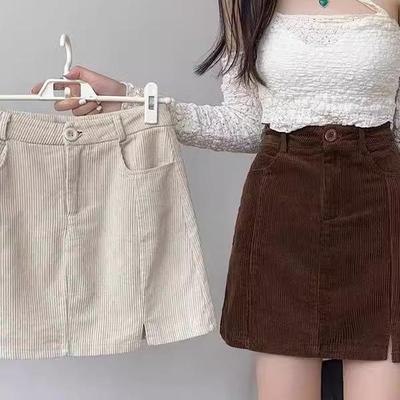Women's Corduroy High-Waist A-line Skirt, Petite, Coffee, Plus Size, Hip-Hugging, Autumn/Winter 2026.
