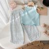 Girls' Summer Set Fashionable Lace Collar Rabbit Print Vest Checkered Embroidery Cropped Pants Two-piece Set
