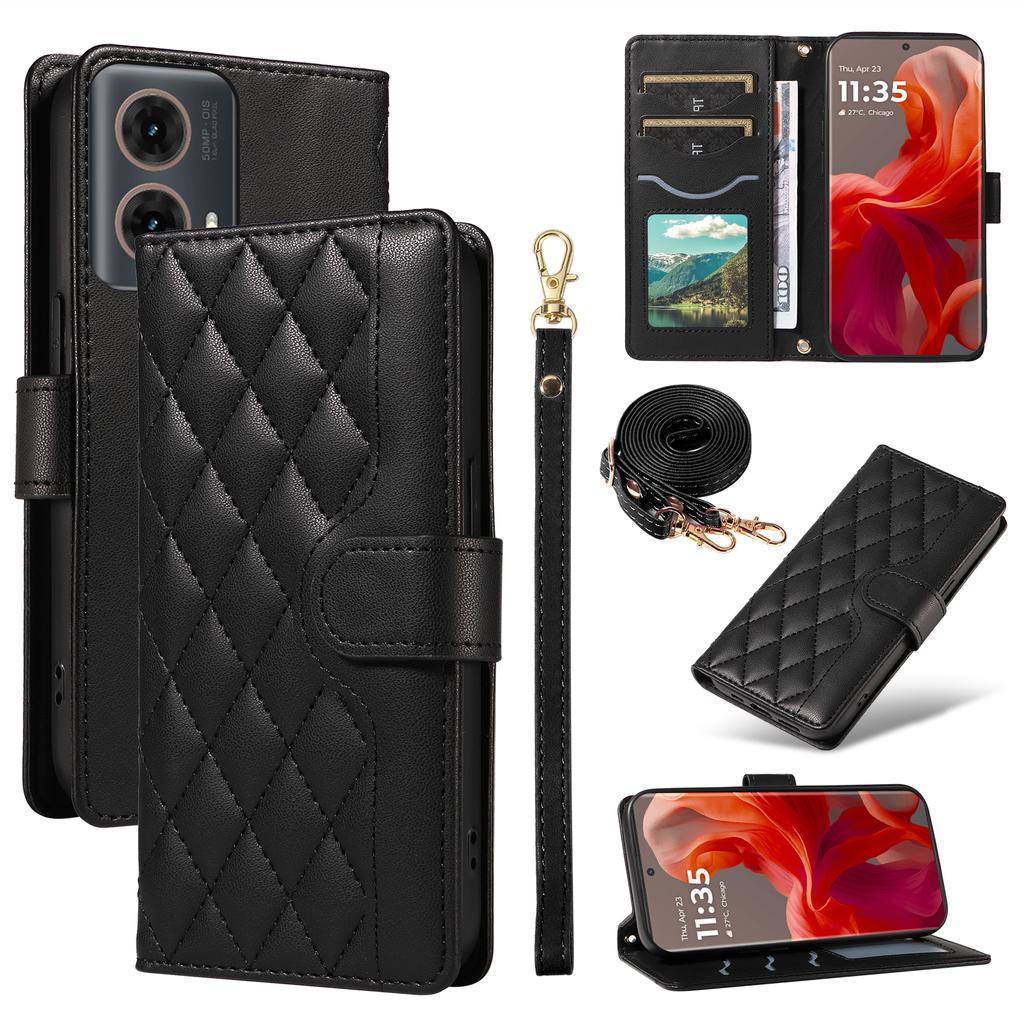 For Motorola Moto G85 5G/ S50 Neo 5G Case Wallet Rhombus Leather Phone Cover with Shoulder Strap,Wrist Strap