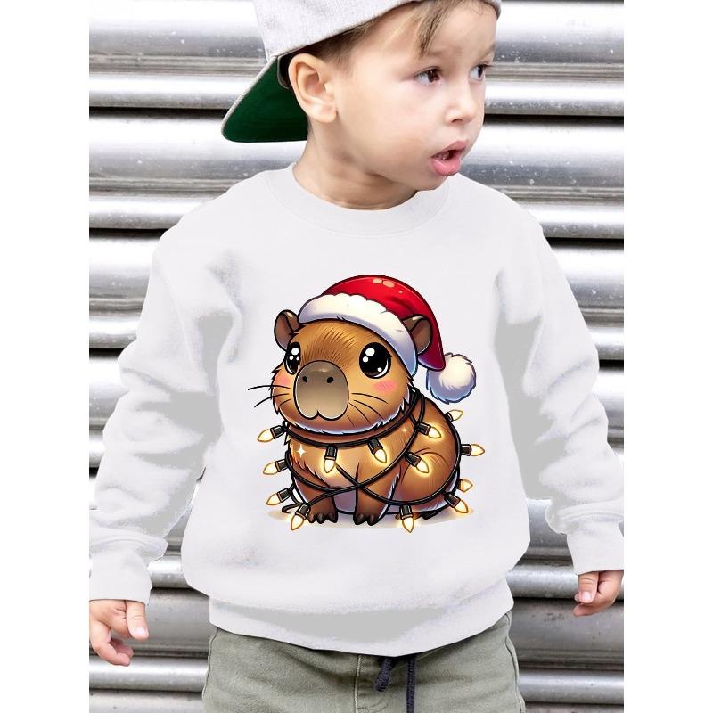 Kids Sweatshirt Christmas-Themed Boys' Autumn And Winter Stylish Fleece Round-Neck Sweatshirt Featuring a Loose-Fit Cartoon Capybara Design