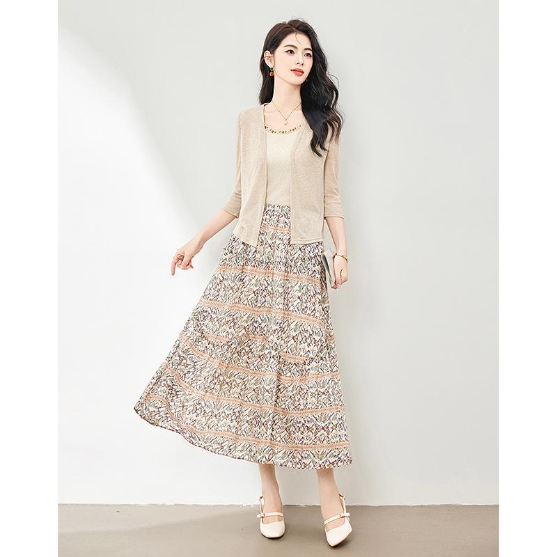 Maillard Dress Set for Women's Spring New Knitted Cardigan Three Piece Set