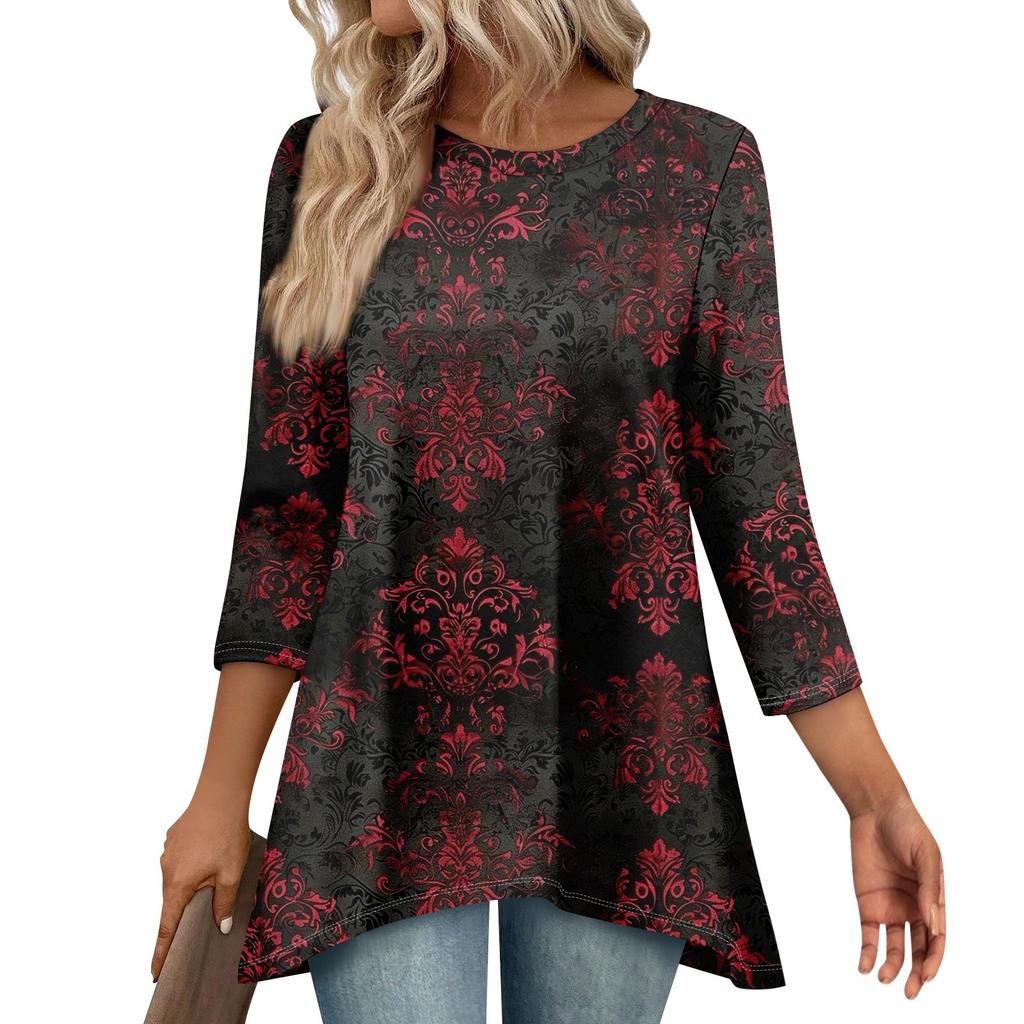 Tunic Tops For Women Loose Fit Prints Tops 3/4 Length Sleeve Womens Tops With Asymmetrical Hem