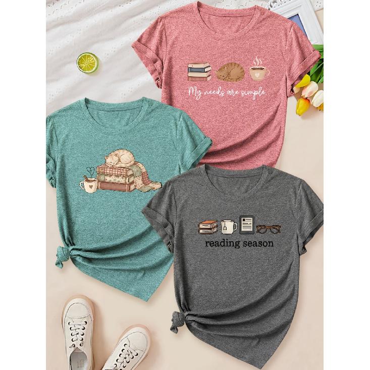 2026 Elegant Reading Season Cat Book Coffee Print Round Neck Women 3 Pack T Shirts Simple Slogan Needs Spring Summer Autumn Clothing Gift Set