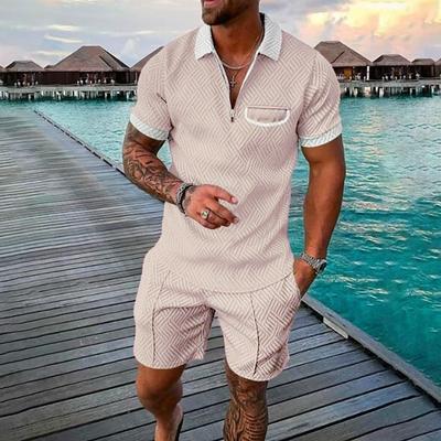 Set Nou Bărbați Modă Casual Rever Buzunar Contrastant Top cu Fermoar Mânecă Scurtă Pantaloni Scurți Bărbați cu Imprimare Digitală 3D