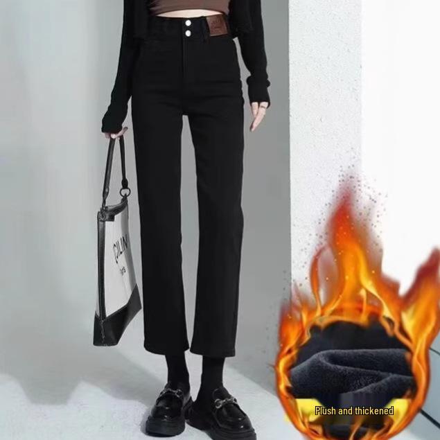 

Women s Blue-Gray Fleece-Lined High-Waisted Slimming Jeans - Autumn/Winter 2025, Petite Size, Nine-Point Length. Medium