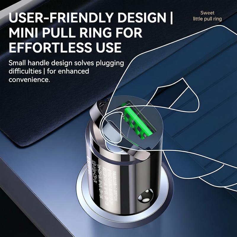 100W High Power Mini Car Charger Invisible Flush Fit Auto Adapter Dual Port Type C PD QC Fast Charging Metal Pull Ring 12/24V