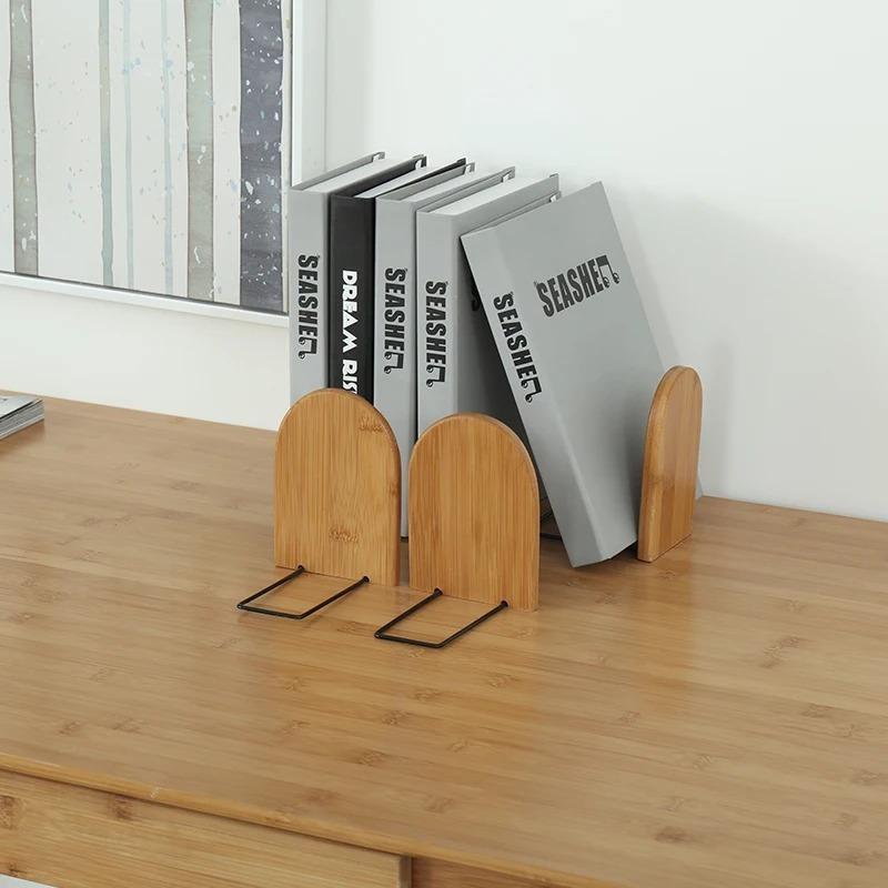 2pcs Nature Bamboo Desktop Organizer Bookends Book Ends Stand Holder Shelf Bookrack