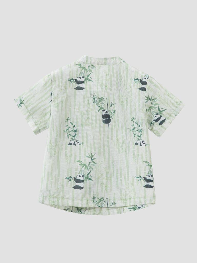 Trendy Summer Retro Chinese Stand-Collar Shirt with Frog Button Print for Boys