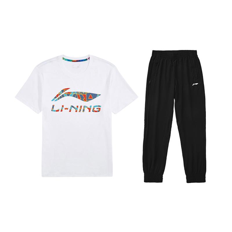 

Li Ning Logo Letter Round Neck Удобная футболка с коротким рукавом и длинными брюками средней посадки Повседневный спортивный комплект Мужские комплекты AHSUA19-1+AYKR465-1 XL