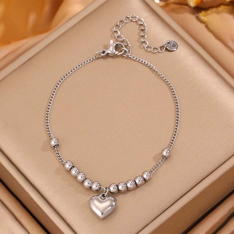 Stainless Steel Gold Color Heart Shape Pendant Bracelets For Women Fashion Metal Smooth Round Beads Ball Bangle Wrist Zircon
