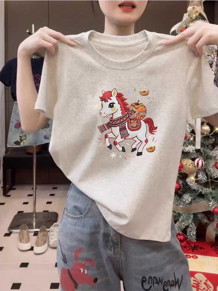Women's 2026 Pure Cotton Short-Sleeve T-Shirt, Fashionable Red Top, Versatile Base Layer for Spring, Summer, Autumn