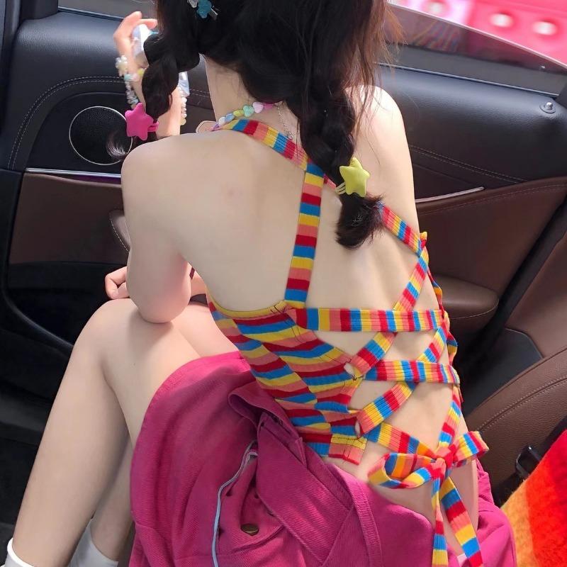 Summer Spicy Girls Wear Rainbow Stripes Sexy Dopamine Mini Straps Women's Sweetheart Tank Top Open Back Short Top