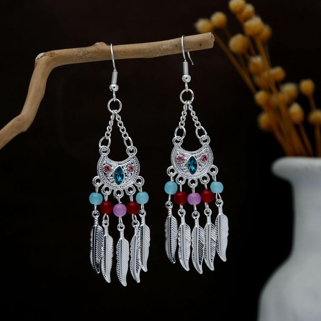 Personalized Bohemian Miao Silver Geometric Tassel Earrings