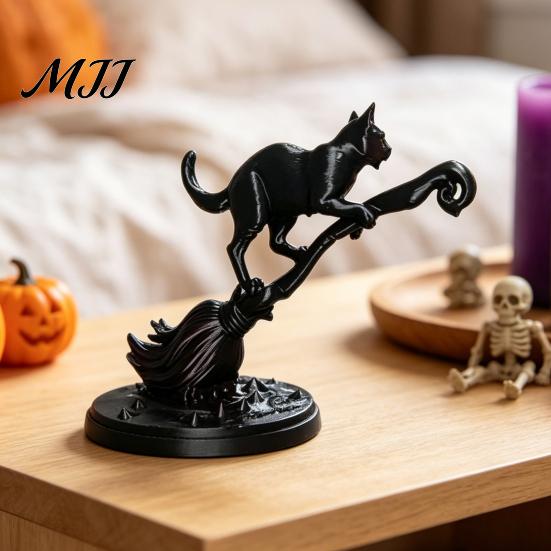 3D Printed Cat Statue Black on Witch Broom Figurine, Broomstick Statue, Halloween Miniature Decor Tabletop Ornament for Tiered Tray, Desk, Table