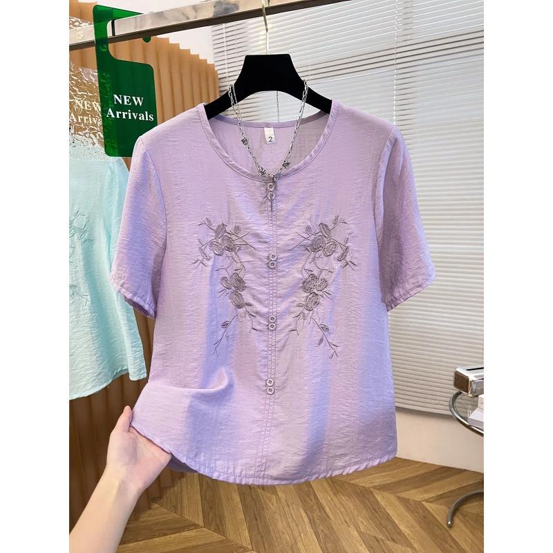 Womens Purple Floral Embroidered Blouse Casual Round Neck Half Button Short Sleeve Top