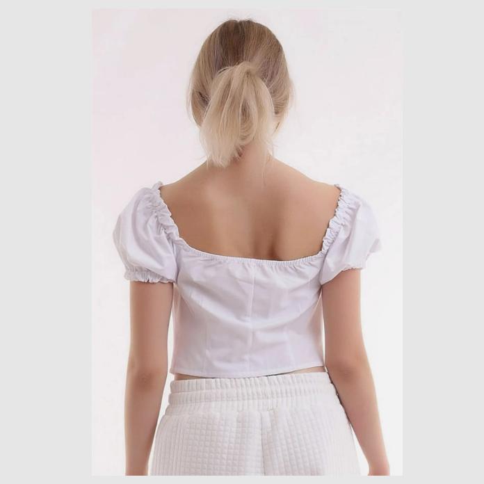 Collar And Sleeve Gathered Front Buttoned Ribbon Detailed Stylish And Sexy Blouse