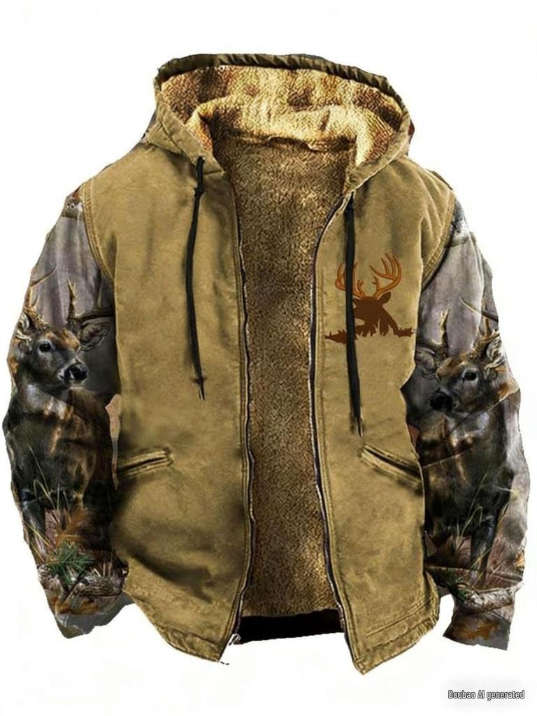 Veste d'hiver rétro pour homme en coton doublée polaire avec capuche et fermeture éclair