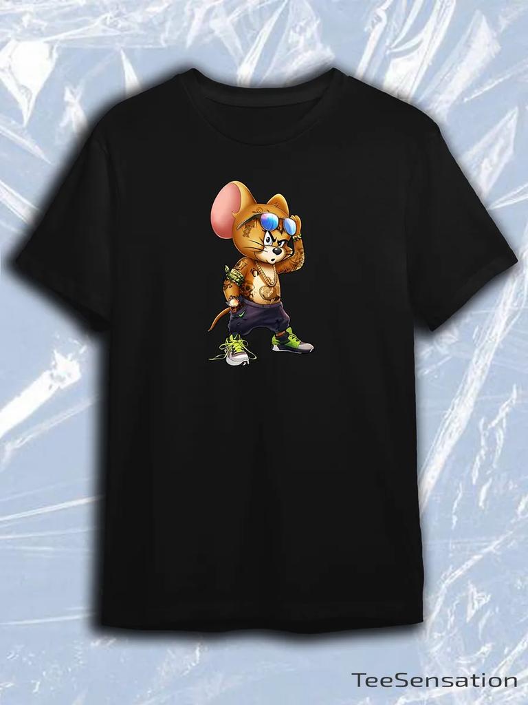 TeeSensation Black Crew Neck Short Sleeve T-Shirt with Gangster Jerry Mouse Tattoos Sunglasses Chains Print