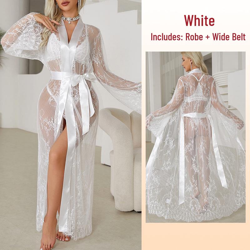 

Feiyun Сексуальная ночная сорочка с кружевной отделкой, прозрачная, пижама, женская верхняя одежда, домашняя одежда Medium белый