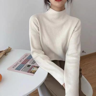 Autumn Half High Neck Slim Fit Base Knitted Sweaters Women Winter Solid Long Sleeve Casual Pullovers Sweater Women Loose Warm Knit Jumpers Tops 25848