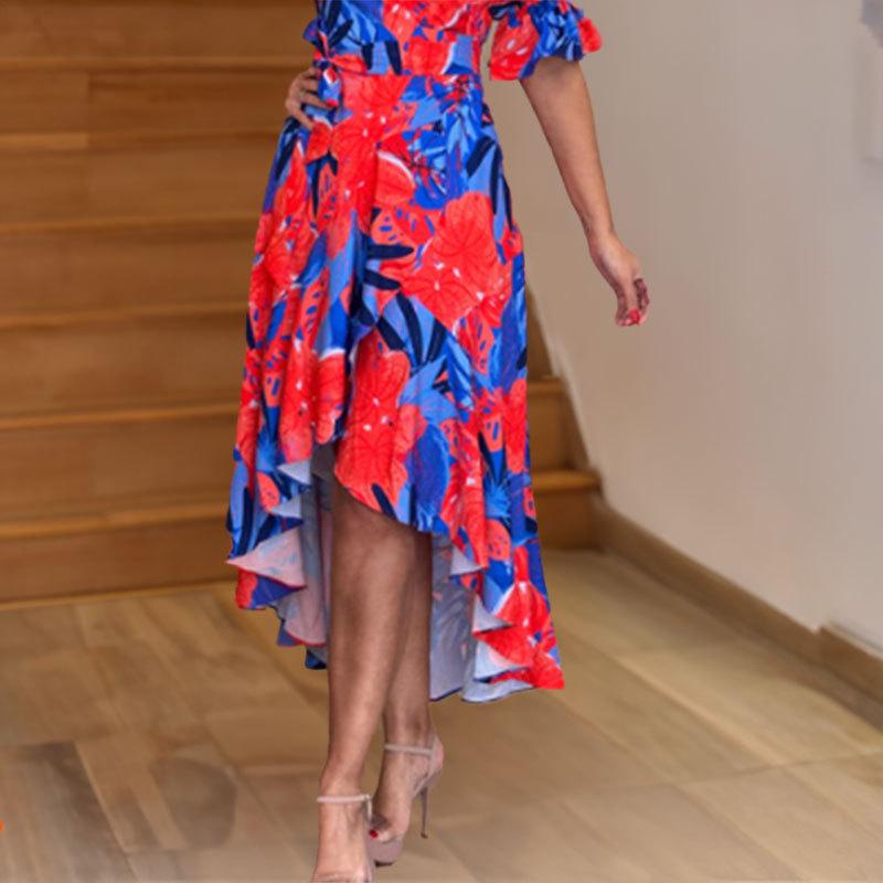 Spring New Women's Clothing Elegant V-neck Printed Irregular Dress for Women