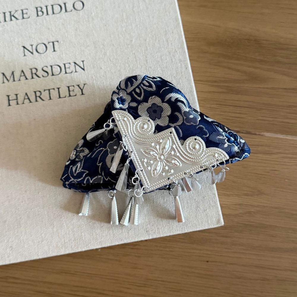 Cloth Satin Triangle Hair Claw Flower Bow Ethnic Style Hair Clip Large New Chinese Style Silver Tassel Shark Clip