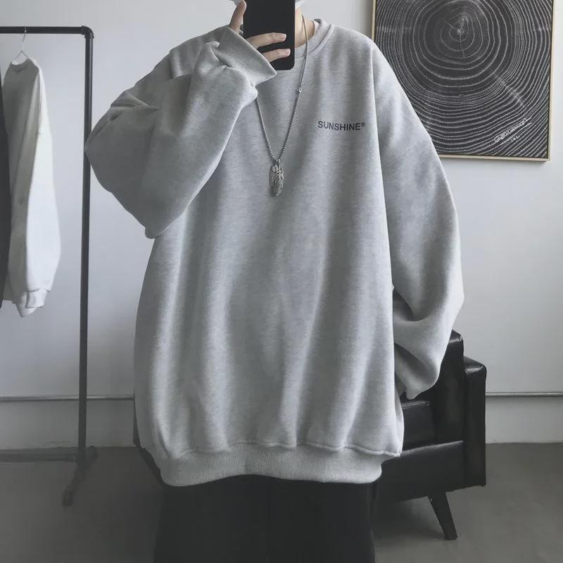 Men's Black Velvet Sweatshirt - Trendy, Loose-Fit, Round Neck for Spring/Autumn
