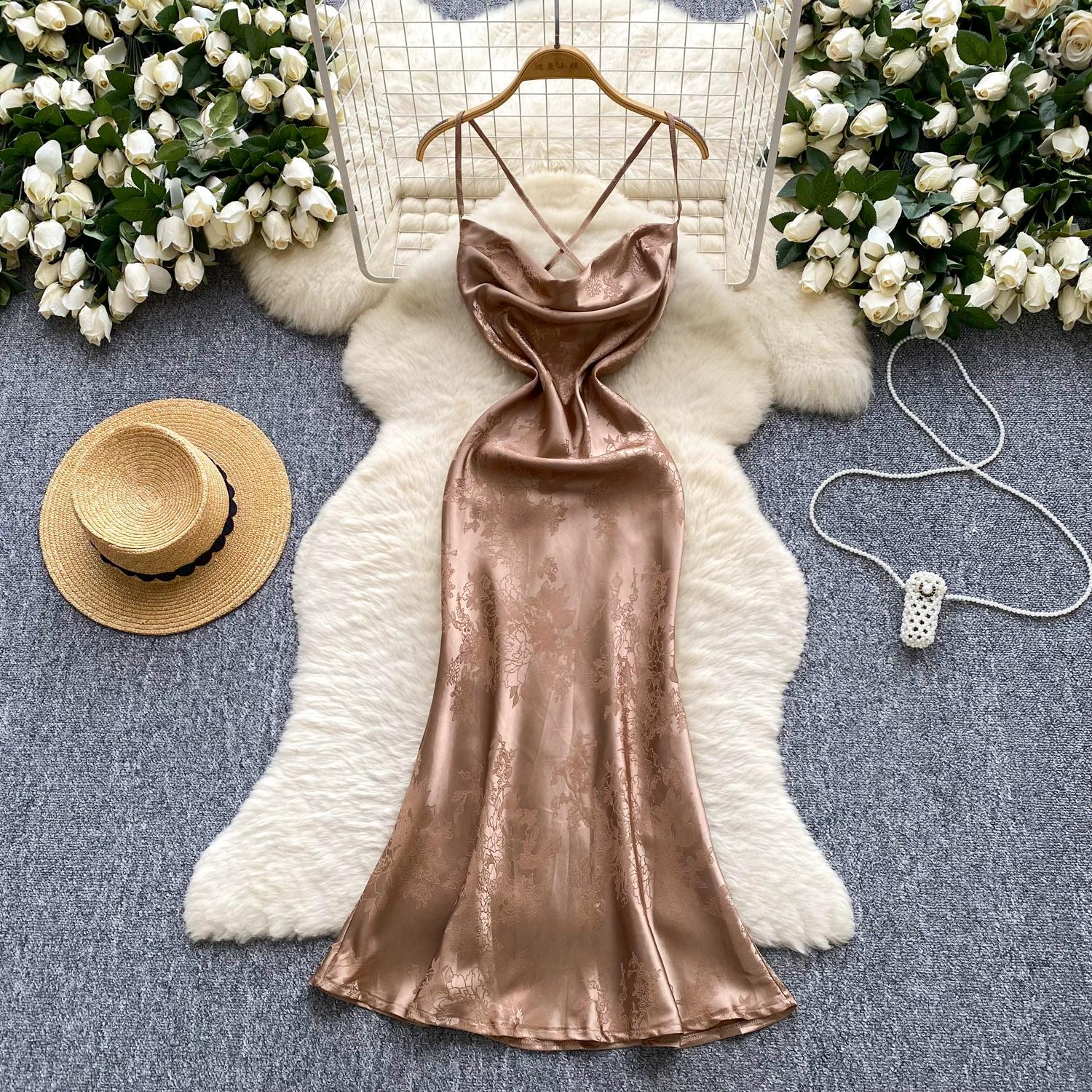 

Летние женские сексуальные платья на тонких бретелях с открытой спиной, жаккардовым цветочным узором, атласные, облегающие фигуру, домашние платья-русалки L