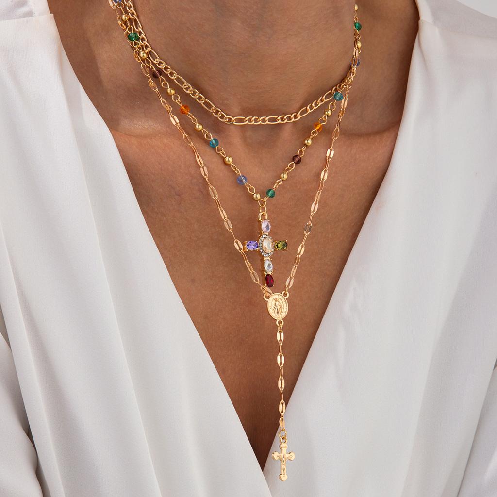 3Pcs/Set Colorful Crystal Cross Pendant Necklace for Men Hip Hop Adjustable Choker Collar Chain Christian Jewelry Accessories