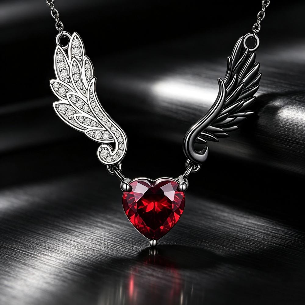 Gothic Female Red Zircon Stone White Wing Heart Pendant Necklace Black Color Wedding Jewelry For Women