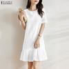 ZANZEA Women Patchwork Casual Round Neck Summer Short Sleeve Dress