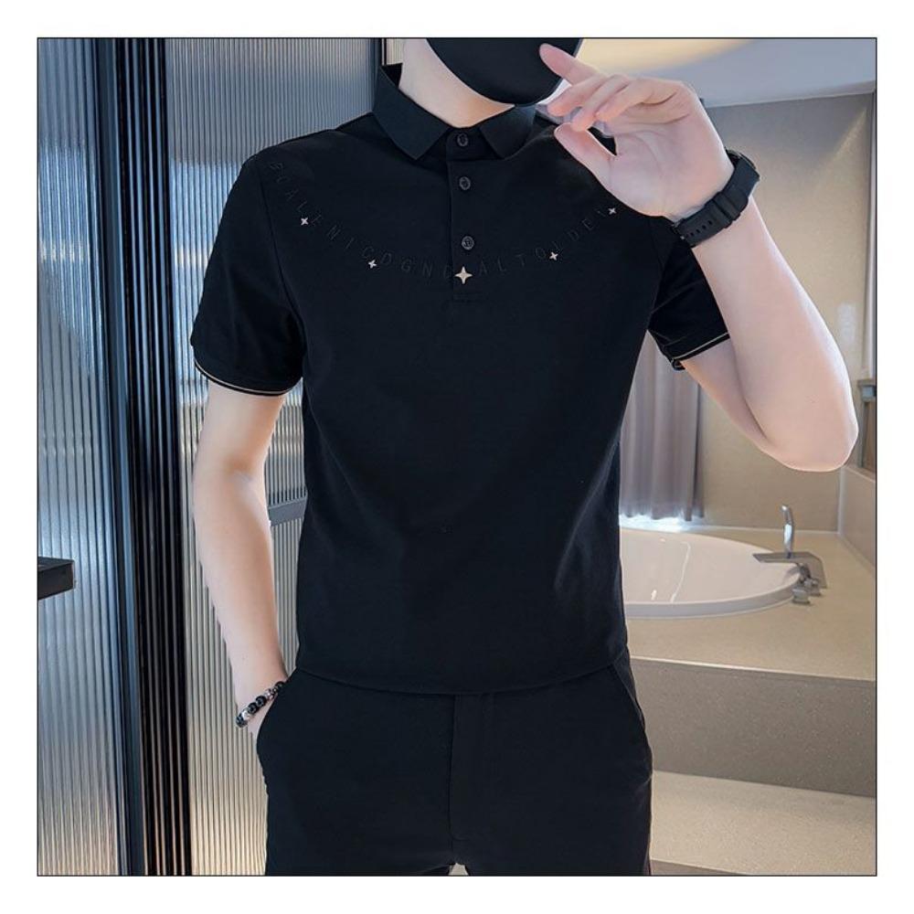 Minimalist Design POLO Letter Short Sleeved Lapel Summer New Item Niche Solid Color Versatile Men's Top