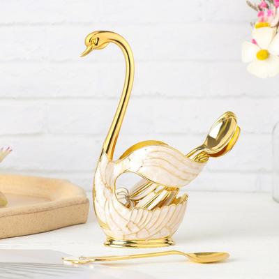Household Gold Tableware Fruit Spoon Metal Swan Base Holder Metal Coffee Spoon Set High-end