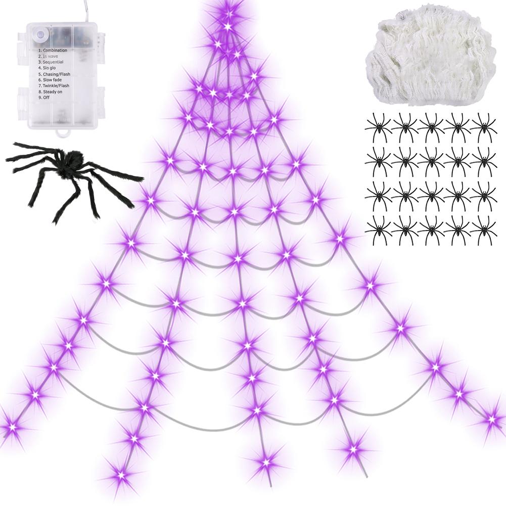 Haunted House Props Spider Web 8 Modes LED Spider Net Halloween Spider Web String Light for Party Garden Hanging Halloween Decor