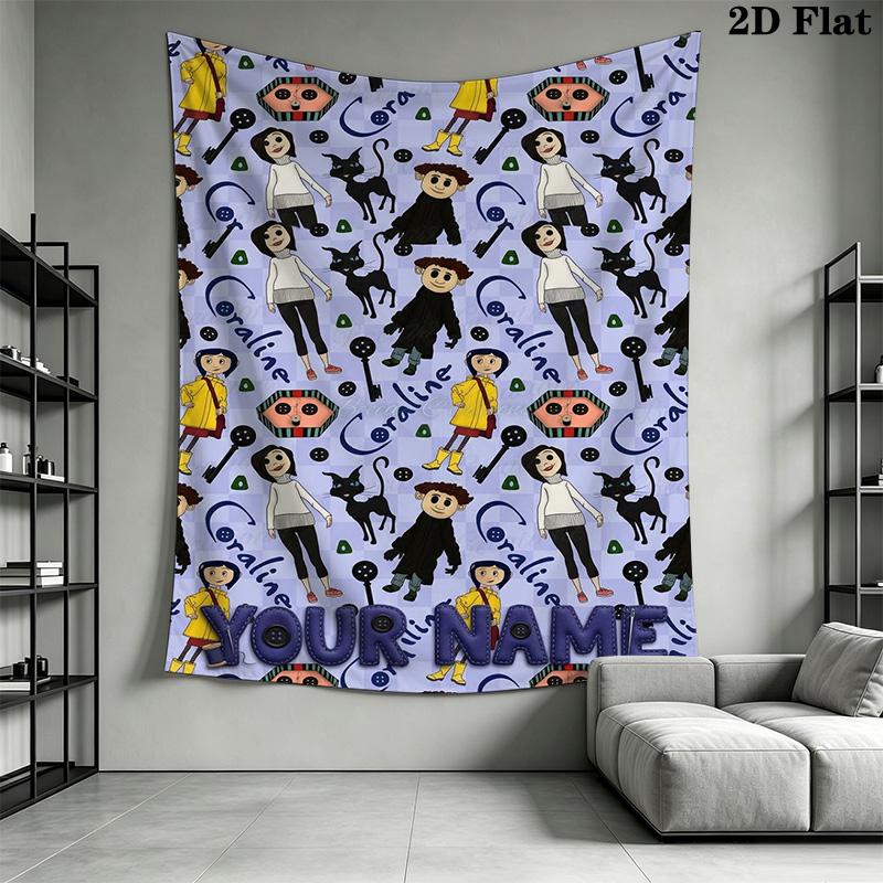 Name Custom Cartoon Coraline Wall Tapestry Aesthetic Wall Hanging Printed Fabric Blanket Decorative Tapestries for Bedroom Living Room Home Decor